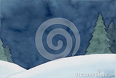 Calm night winter scenery background. Watercolor hand painting illustration. Cartoon Illustration