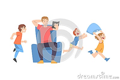 Calm Parent and Mischievous Children Running around him, Dad Reading Book among Running Naughty Kids Cartoon Style Vector Illustration