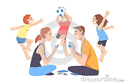 Calm Parents and Mischievous Children, Father and Mother Playing Board Game among Running Naughty Kids Cartoon Style Vector Illustration