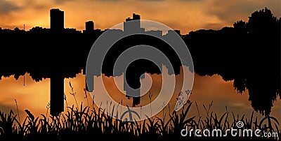 Calm and peaceful city evening near the river. Vector Illustration