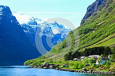 Calm and peaceful village at the coast of the Sogne fjord, Norway Stock Photo