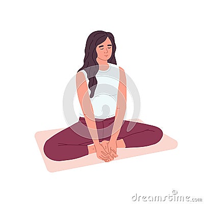 Calm peaceful woman at yoga and meditation practice. Female meditating in zen asana, lotus pose. Person during breathing Vector Illustration