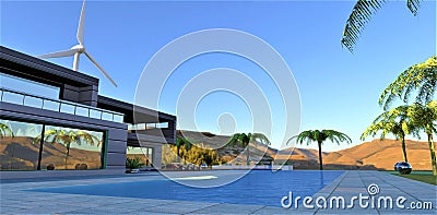 Calm in the pool of a stylish magnificent house located on a mountain plateau with its own wind generator, providing the energy Stock Photo