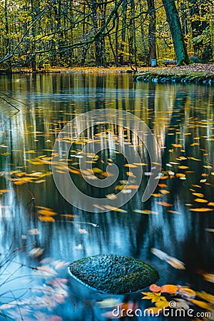 Calm, quiet mood in the autumn park. Forest lake, colorful autumn long exposure. Leaves in water surface. Stock Photo