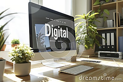 stylish workspace with computer with a word Digital on the screen Stock Photo