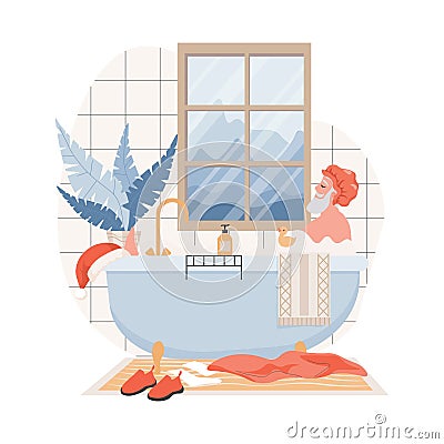 Calm and relaxing Santa Claus in shower cap taking a bath in bathroom vector flat illustration. Vector Illustration