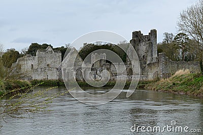 Calm River Maigue and Desmond Castle Ruins Stock Photo