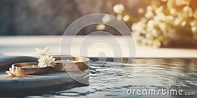 Calm scene of flowers and candles at the pool of a luxury spa resort, Concept of mindfulness, AI generated Stock Photo