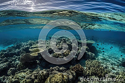 calm sea, with schools of fish swimming amongst coral reefs Stock Photo