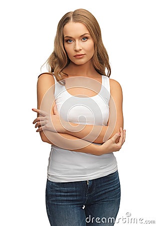 Calm and serious woman in blank white t-shirt Stock Photo