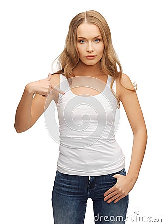 Calm and serious woman in blank white t-shirt Stock Photo