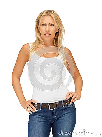 Calm and serious woman in blank white t-shirt Stock Photo