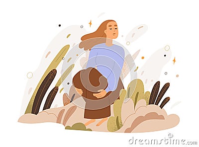 Calm tranquil carefree woman. Person finding wellbeing, harmony and balance, enjoying peace. Psychology recovery and Vector Illustration