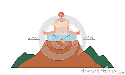Calm tranquil woman yogi character meditating in lotus pose and breathing on top of mountain Vector Illustration