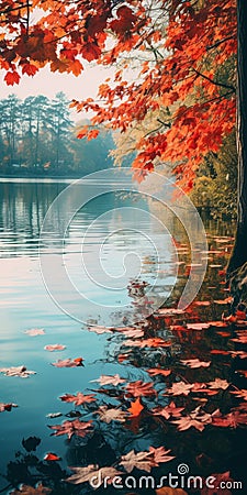 Calm Waters: An Anime Aesthetic With Autumn Leaves And Naturecore Vibes Stock Photo