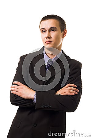 Calm young business man in suit lean Stock Photo
