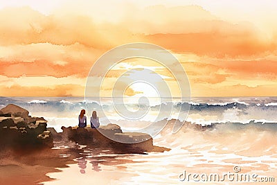 A calming beach scene watercolor illustration - Generative AI. Cartoon Illustration