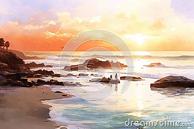A calming beach scene watercolor illustration - Generative AI. Cartoon Illustration