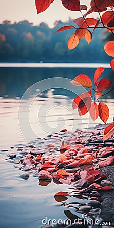 Calming River With Red Leaves: Uhd Image In Monochromatic Color Scheme Stock Photo