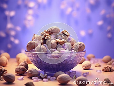 Nutty Splendor: Crystal Bowl of Mixed Nuts on a Smooth Lavender Canvas Stock Photo