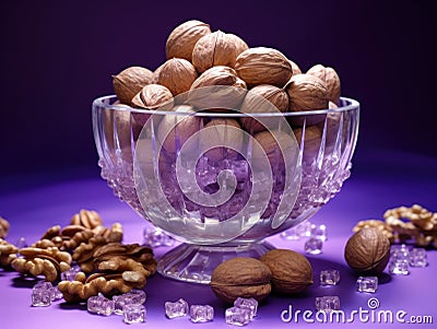 Nutty Splendor: Crystal Bowl of Mixed Nuts on a Smooth Lavender Canvas Stock Photo