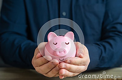 A calmly sleeping piggy bank in the hands. Trust fund. Stock Photo