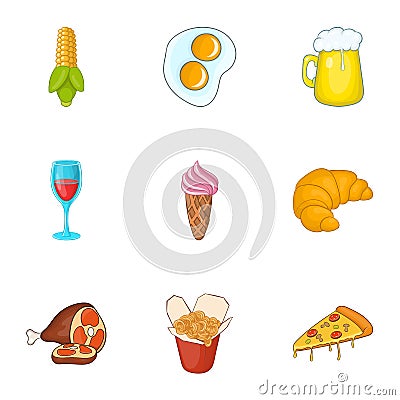 Calorie food icons set, cartoon style Vector Illustration