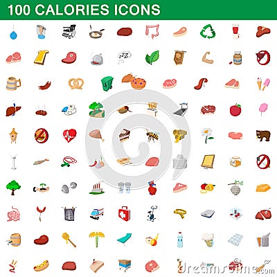 100 calories icons set, cartoon style Vector Illustration