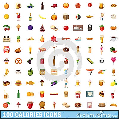 100 calories icons set, cartoon style Vector Illustration