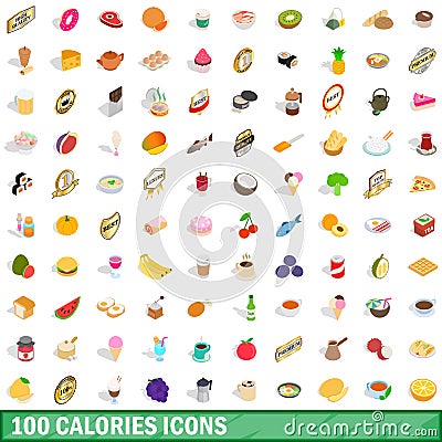 100 calories icons set, isometric 3d style Vector Illustration