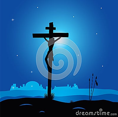 Calvary - crucifixion scene with Jesus Christ on c Vector Illustration