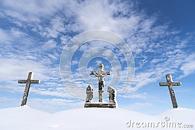 Calvary - Three Cross covered with snow Stock Photo