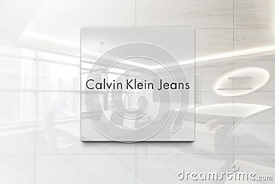 Calvin klein jeans on glossy office wall realistic texture Editorial Stock Photo