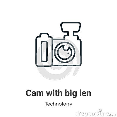 Cam with big len outline vector icon. Thin line black cam with big len icon, flat vector simple element illustration from editable Vector Illustration