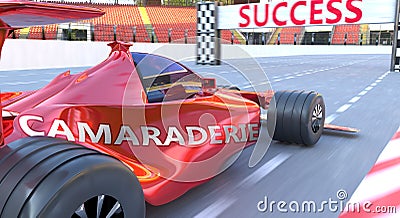 Camaraderie and success - pictured as word Camaraderie and a f1 car, to symbolize that Camaraderie can help achieving success and Cartoon Illustration