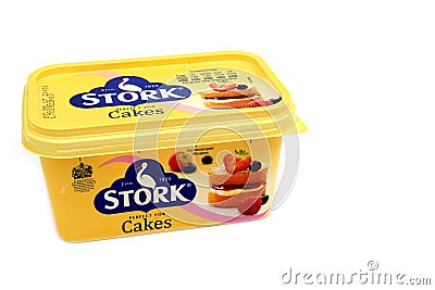 Camberley, UK - Feb 22nd 2017: Side view of a tub of Stork Cakes Editorial Stock Photo