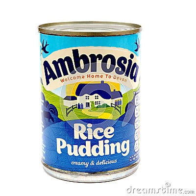 Camberley, UK - Feb 22nd 2017: Tin of Ambrosia Rice Pudding on w Editorial Stock Photo