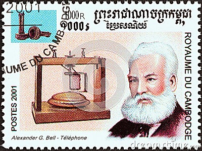 CAMBODIA - CIRCA 2001: A stamp printed in Cambodia from the `Millennium` issue shows Alexander Graham Bell, telephone, circa 2001 Editorial Stock Photo