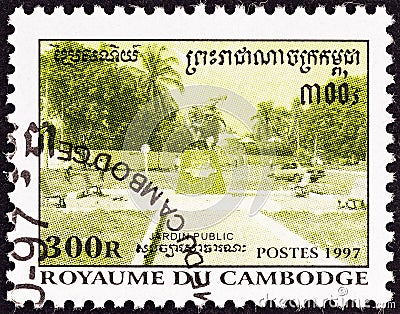 CAMBODIA - CIRCA 1997: A stamp printed in Cambodia shows Statue at intersection of paths, circa 1997. Editorial Stock Photo