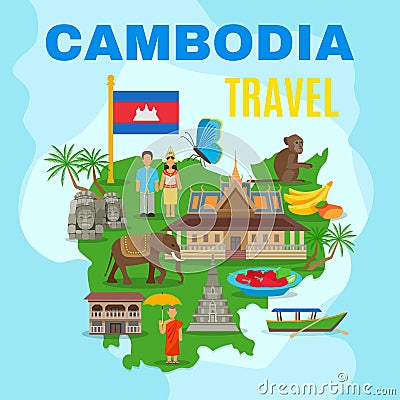 Cambodia Cultural Travel Map Flat Poster Vector Illustration