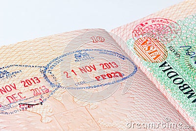 Cambodia immigration stamp in passport Stock Photo