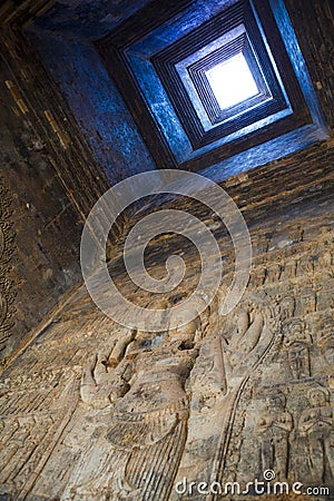 Cambodia. Siem Reap. Carved stone patterns on temple walls Banteay Srey Xth Century, inside view Stock Photo