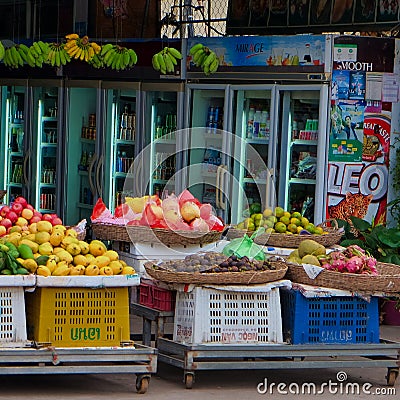 Fruit baskets on the counter, trading in a market in southeast Asia Editorial Stock Photo