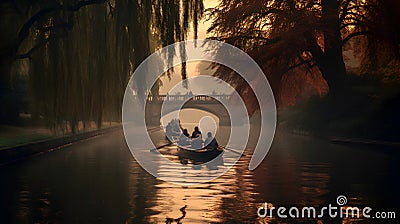 Cambridge, United kingdom - Boats floating in a row and people enjoying punting on river during autumn sunset at Stock Photo