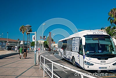 Cambrils Spain 8 August 13 year. Bus stop of tourist transport on the street of Cambrils Catalonia Editorial Stock Photo