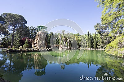 Cambrils, Spain, May 1, 2020 - Picturesque pond in Botanical Garden Park Sama Editorial Stock Photo