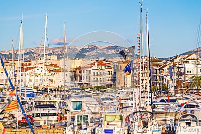 CAMBRILS, SPAIN - SEPTEMBER 16, 2017: View of port and museu d`Hist`ria de Cambrils - Torre del Port. Close-up Editorial Stock Photo