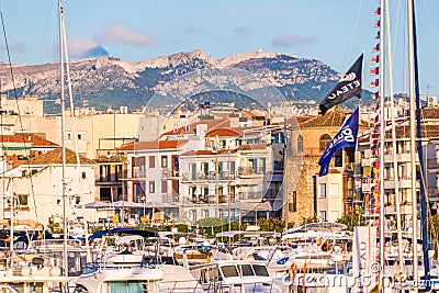 CAMBRILS, SPAIN - SEPTEMBER 16, 2017: View of port and museu d`Hist`ria de Cambrils - Torre del Port. Close-up. Editorial Stock Photo