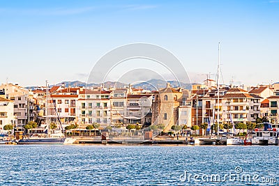 CAMBRILS, SPAIN - SEPTEMBER 16, 2017: View of port and museu d`Hist`ria de Cambrils - Torre del Port. Copy space for text Editorial Stock Photo