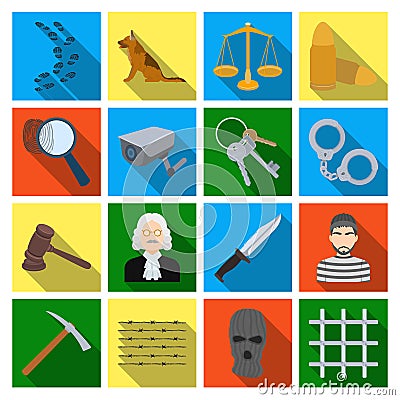 Camcorder, handcuffs, lattice attributes of the prison.Prison set collection icons in flat style vector symbol stock Vector Illustration